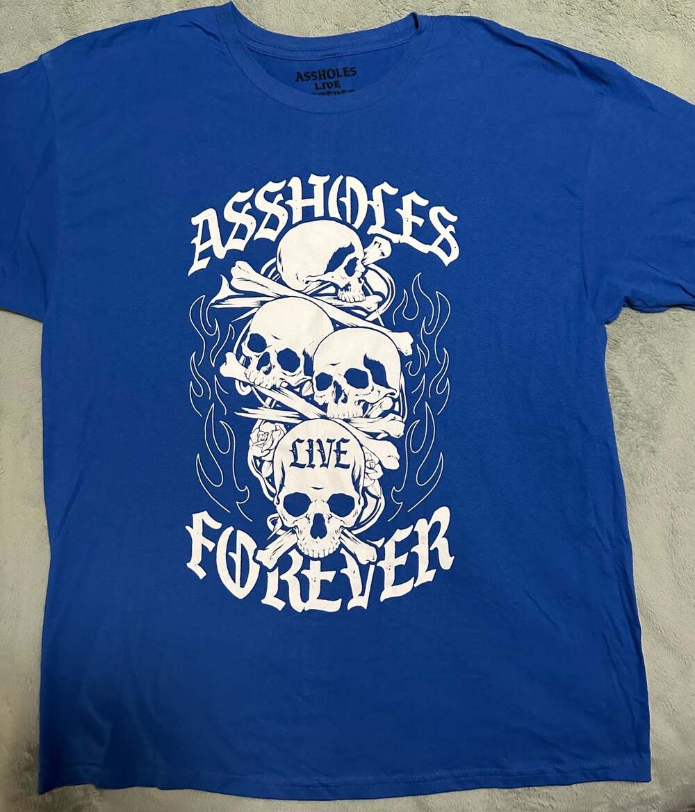 A$$holes Live Forever Skull Fire Graphic T-Shirt Blue XL